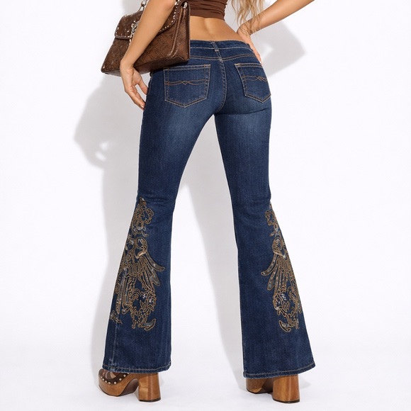 SOLID JEANS True Y2K Vintage Mid Rise Flare Stretch Denim Jeans Embroidered 1 - Picture 2 of 13